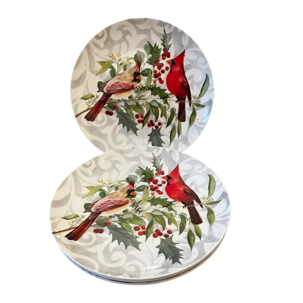 Mikasa Charming Cardinal Christmas Bone China Salad Plates 9in Set of 4 New